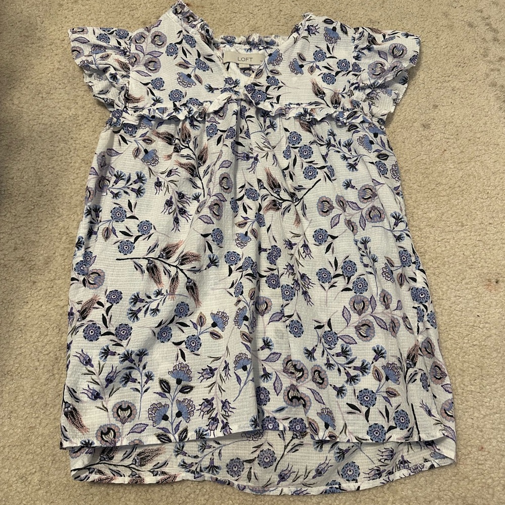 LOFT Blue and Cream Floral Top